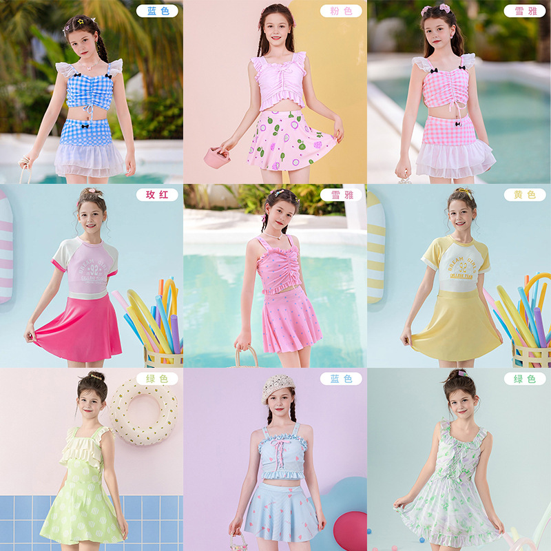 Summer spot lindo traje de baño de niña niña niña grande vestido de princesa de una pieza dividido con almohadilla para el pecho traje de baño traje de baño al por mayor