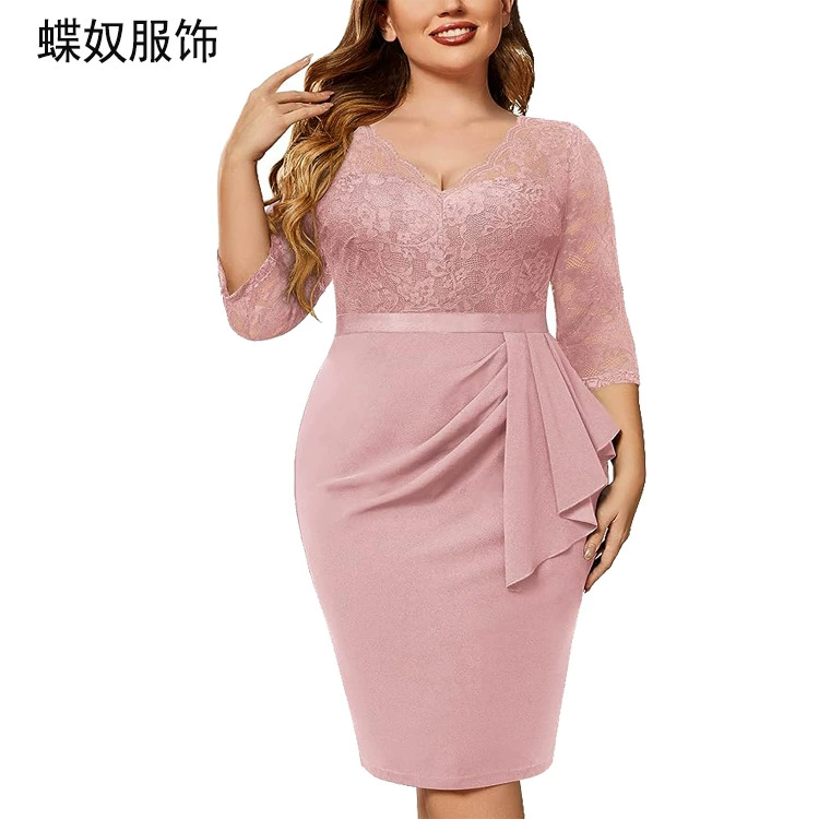 (Граница торговли), кружевной шифон pencil юбка-платье, европейский стиль, plus size, V-образный вырез, акцент на бёдрах