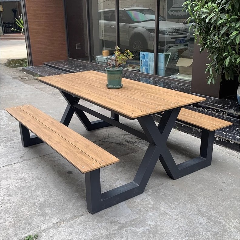 Mesa y silla unida al aire libre con paraguas para parque de ocio patio mesa y silla de hierro forjado para punto escénico banco combinación de mesa y silla de madera de plástico al aire libre