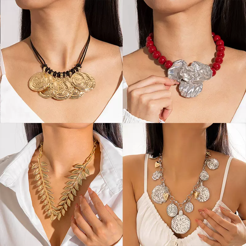 欧美跨境 复古轻奢个性夸张亚克力串珠项链 复古立体合金花朵不规