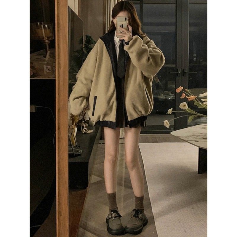 Reversible Lamb Fur Coat for Women Winter New Loose Velvet Thickened Motorcycle Jacket