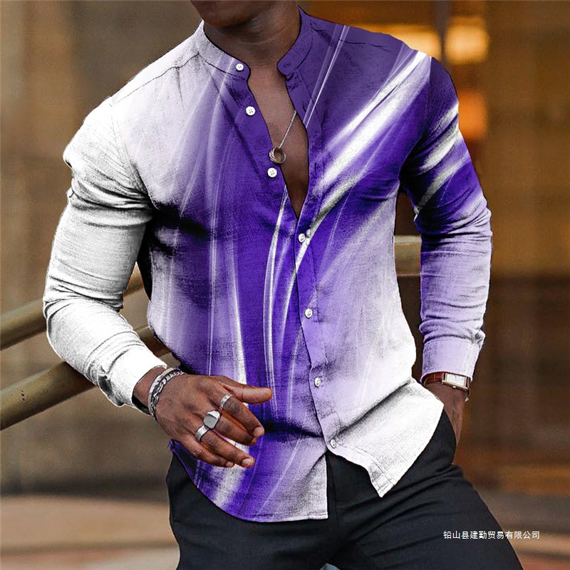 Comercio exterior 2024 camisa de manga larga Amazon ropa de hombre impresión de otoño hombre nuevo estilo europeo y americano Wish collar vertical