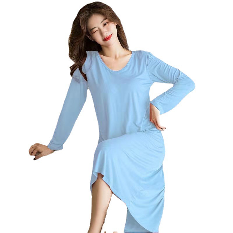 Primavera y otoño 2021 pijamas de mujer de manga larga de color sólido lindo Camisón de algodón de longitud media con almohadilla en el pecho ropa para el hogar se puede usar fuera