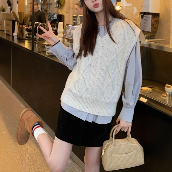 Aaxbb Ice Point Sea Salt Colorful Wool Vest Layered Casual Work Clothing Fashion Hemp Flower Knitwear for Women