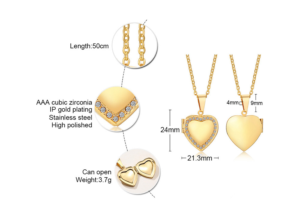 6g Weight 0.03µm Gold Plating Thickness Electroplated Gold Plating Process 18K Real Gold Plated Plating Material 201 Stainless Steel Pendant Material Necklace Classification 201 Stainless Steel Chain Material Paperclip Chain, cable chain Chain Type 1 Piece Quantity Daily Occasion 201 Stainless Steel Material Heart Shape Pattern Women's Gender Simple Style Style Inlay Craft Wholesale Jewelry Simple Style Heart Shape 201 Stainless Steel 304 Stainless Steel 316 Stainless Steel Zircon Inlay Locket Necklace 2