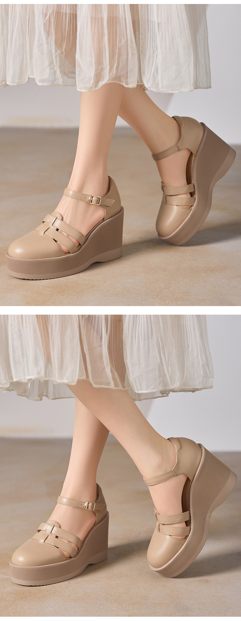 Sandal cao gót nữ đế dày 9,5 cm, mũi bít, dệt chéo, phong cách tổ chim — màu trắng ngà chi tiết 6