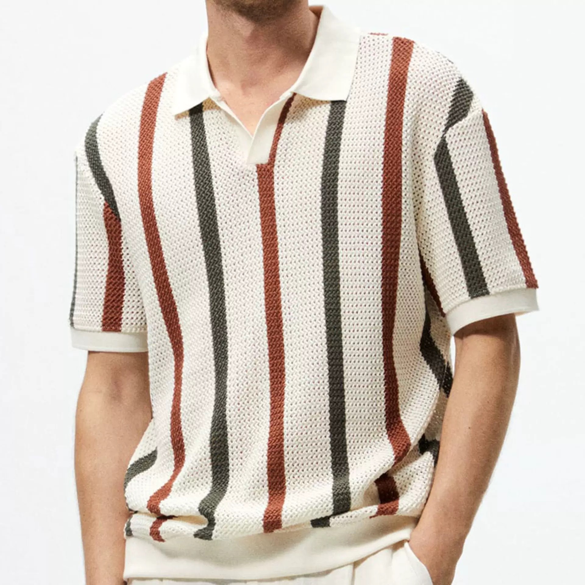 Polo camiseta de punto camiseta de manga corta camiseta hombre gaviota cuello V rayas viejas líneas de viento de verano fábrica transfronteriza al por mayor