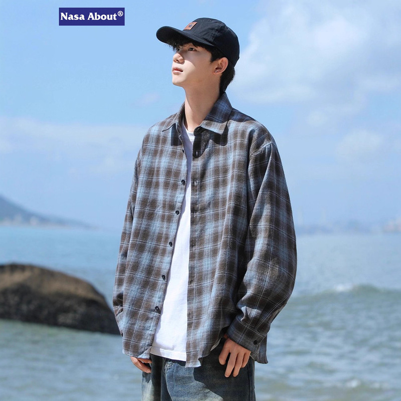 Nasa American-Style Long-Sleeved Plaid Shirt for Men, Summer High-End Stylish Lapel Shirt, Loose Casual Men's Jacket