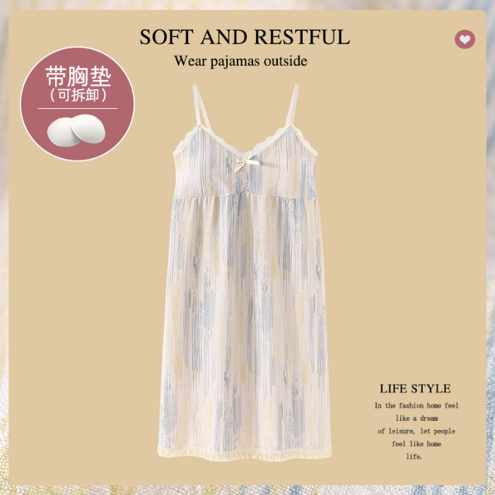 Camisón de verano con el cojín del pecho Correa chica burbuja algodón borla pijamas puro deseo viento sin mangas Delgado lindo homewear