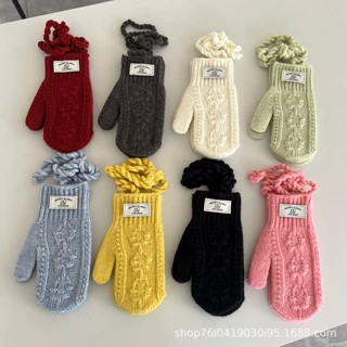 ins郁金香提花针织手套冬季少女文艺百搭挂脖连指防寒骑行手套女