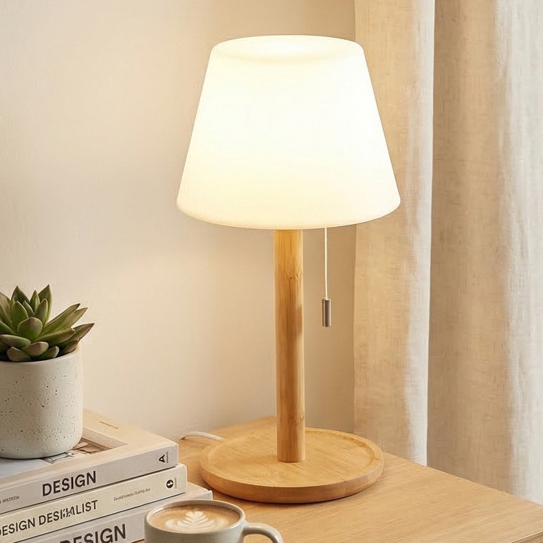 Lámpara de Mesa de Cabecera de Bambú y Madera Recargable USB para Dormitorio