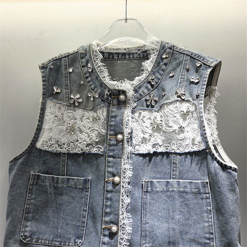 Chaleco de vaqueros coreano de mujer corto suelto primavera y otoño nuevo abrigo sin mangas de tamaño grande para adelgazar con tendencia de encaje