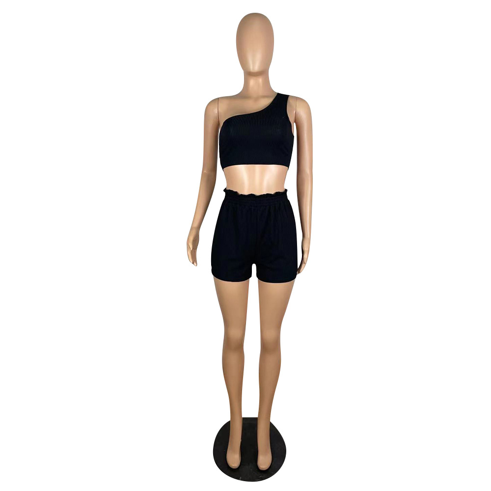 Wholesale Single Shoulder Crop Top + Shorts-11