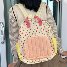 韩版双肩包2024新款草莓印花书包大容量学生帆布包百搭时尚背包