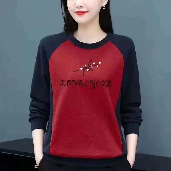 Spring and Summer Pure Cotton Middle-Aged Round Neck Sweatshirt Women's Splicing Large Size Long-Sleeved Printed Mother's T-Shirt Top
