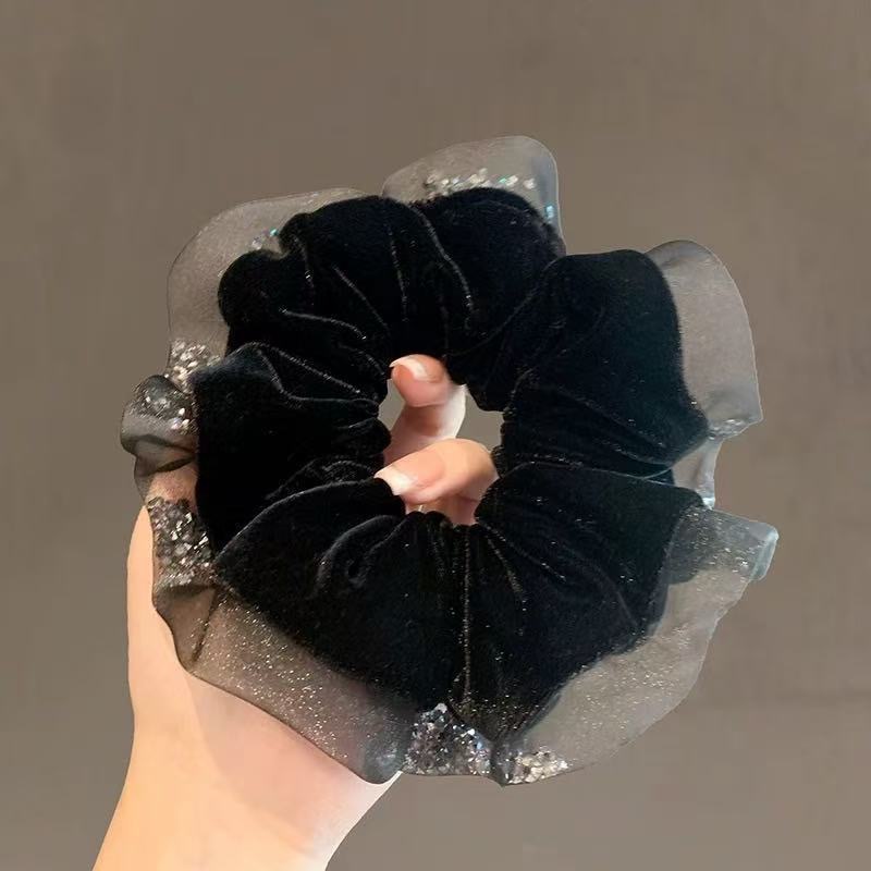 24# black velvet rhinestone mesh lace stitching hair tie about 17cm