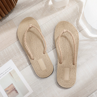 Summer Women's Trendy Imitation Straw Fashion Flip-Flops Flat Hotel Slippers for Outdoor Beach Casual Sandals
