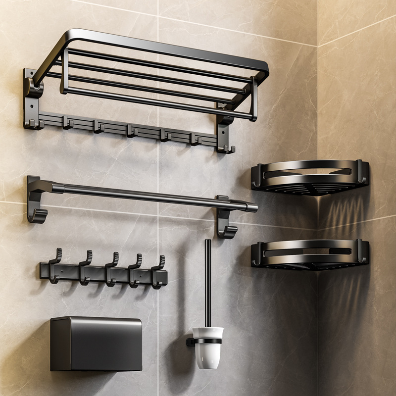 Space aluminum towel rack bathroom punch-free towel rack toilet black wall hardware pendant bathroom towel bar Space aluminum towel rack bathroom punch-free towel rack toilet black wall hardware pendant bathroom towel bar