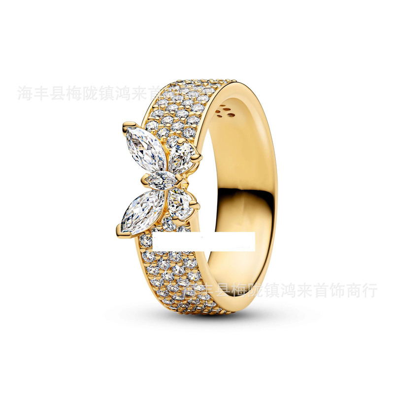 潘家白铜镀银镶钻红玫瑰花蝴蝶结简约爱心对戒卡通人物雪花系列|undefined