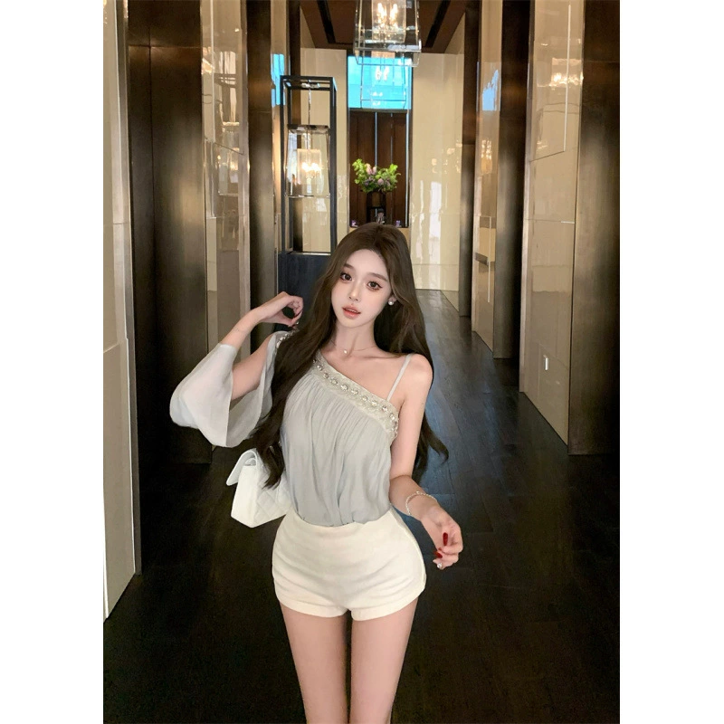 Топ в стиле Korean model [аксессуары] Летняя новая темпераментная женская маленькая блузка прикрывает тело и визуально стройнит шифоновый топ с камнями для женщин