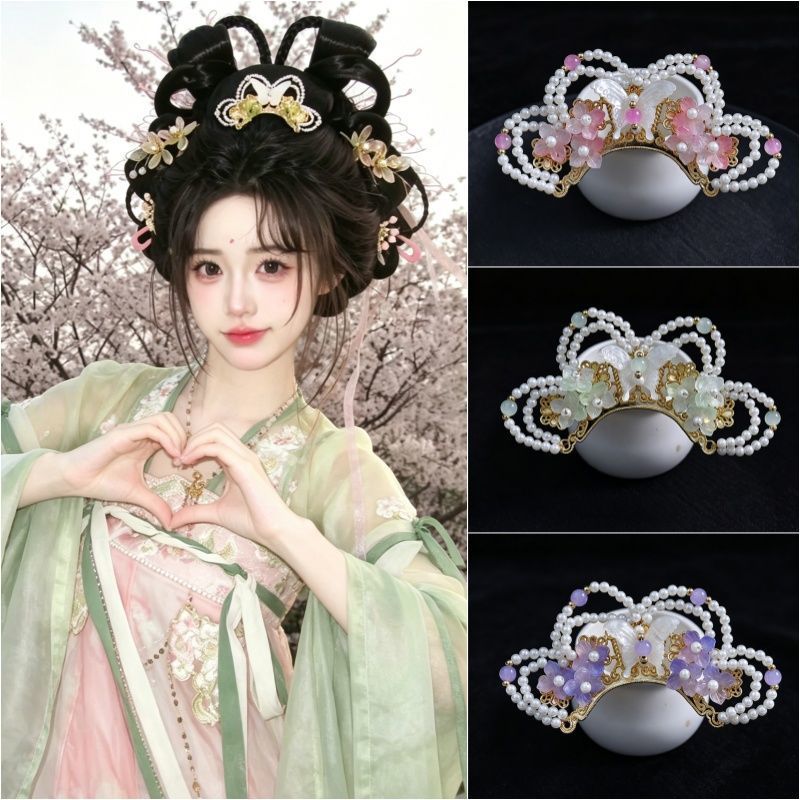 Ethereal Butterfly Pearl Hair Crown Hanfu Headpiece Song Dynasty Glazed Flower Crown Ancient Style Headpiece for Girls Tang Style Ancient Costume Hair Accessory