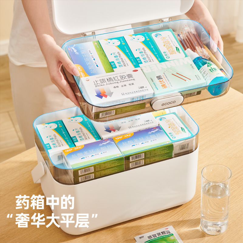 Caja de medicina doméstica de gran tamaño de Icoco, caja de medicina doméstica de gran capacidad, caja de medicina multicapa de almacenamiento de medicamentos de gran tamaño.