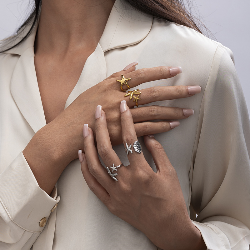 Anillo de conchas de estrellas de mar abierto de acero inoxidable en Europa y América, joyería de acero de titanio, anillos de metal