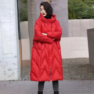 Down Jacket Women's Mid-length 2024 New Long Over-the-knee White Duck Down Loose Light Winter Hooded Warm Jacket