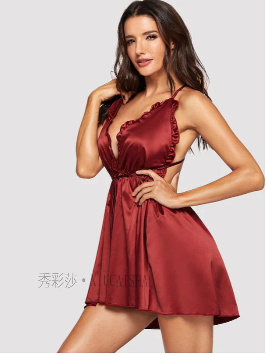 Backless Sling Babydoll Nightgown with Thong, Shrimp Pink, XXL — detail image 8