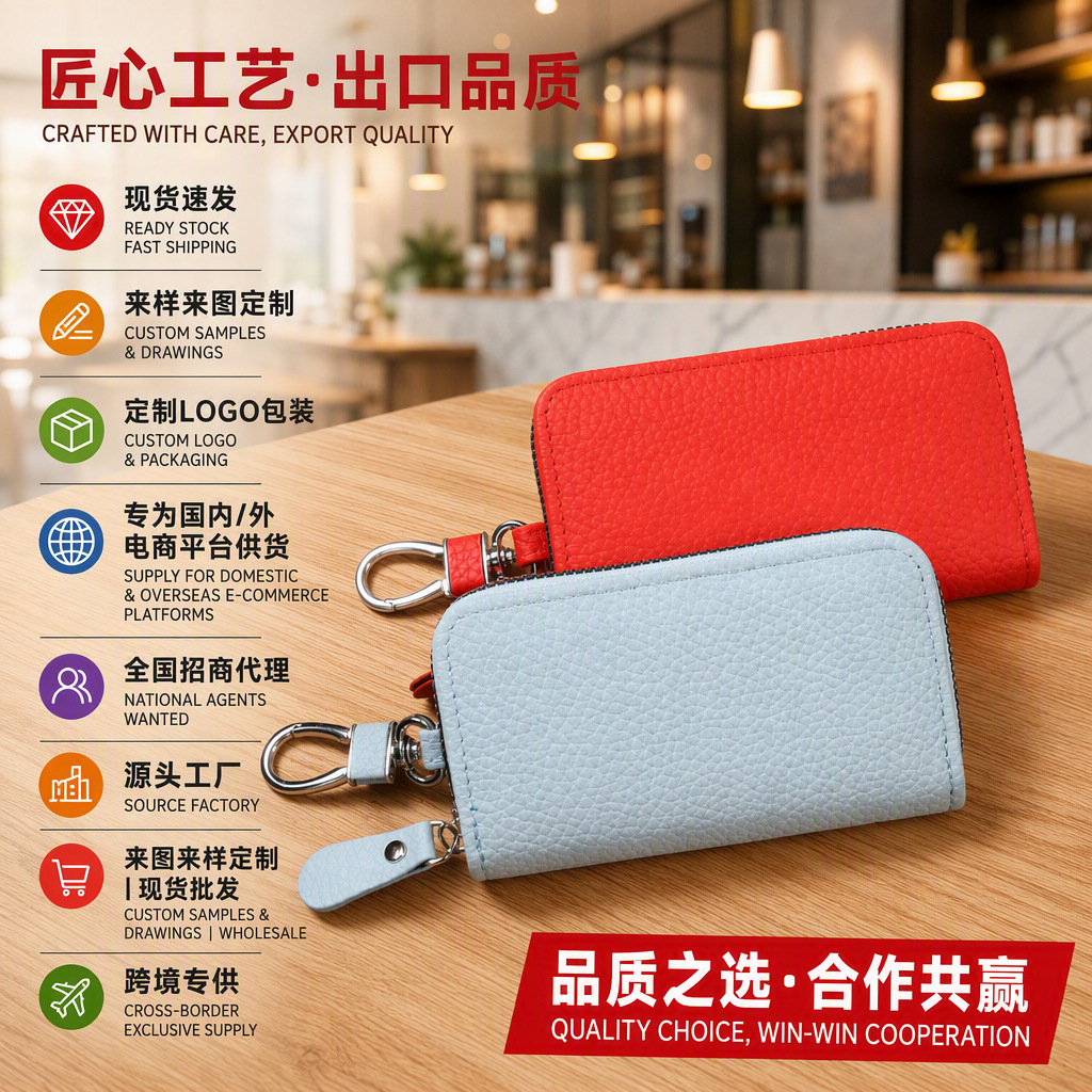 European and American Hot-Selling Pu Leather Multifunctional Fashionable Simple Ladies Key Bag Portable Anti-Theft Zipper Home Key Bag