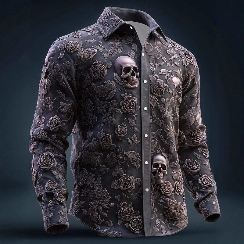 Men's Long Sleeve Shirt 3D Printed Day of the Dead Skull Shirt Autumn Street Trend Casual Plaid Slim Fit Shirt