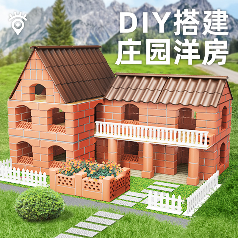 Masoneros niños diy mano chalet ladrillo real mini villa casa construida pared juguetes de construcción de bloques juguetes ensamblados