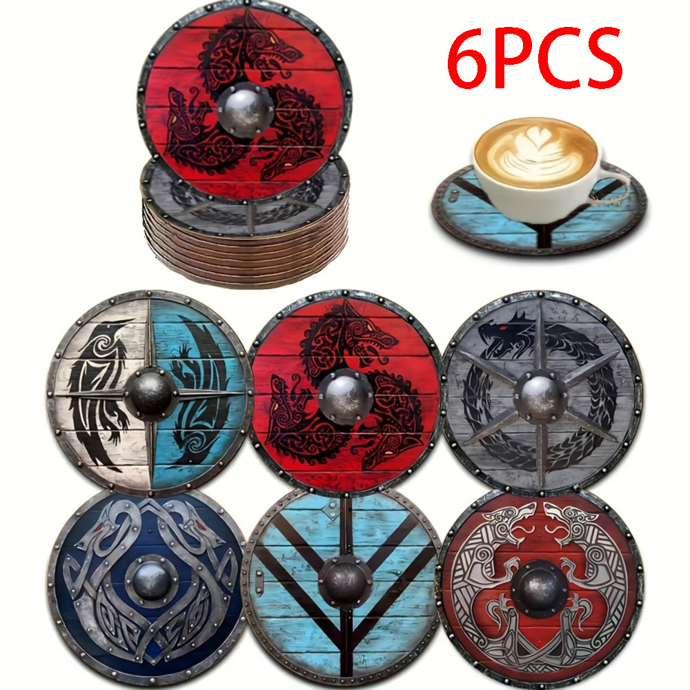 나무 코스터 세트 6pcs 바이킹 스타일 방패