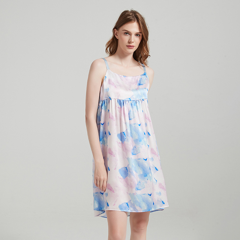 Butterfly embroidery 24 new silk pajamas women's cute doll skirt watercolor printed 100% mulberry silk comfortable suspender skirt