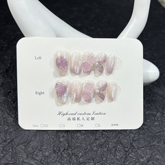 純手工穿戴甲紫色炫彩立體漸變山茶花短款美甲貼片可穿戴式假指甲