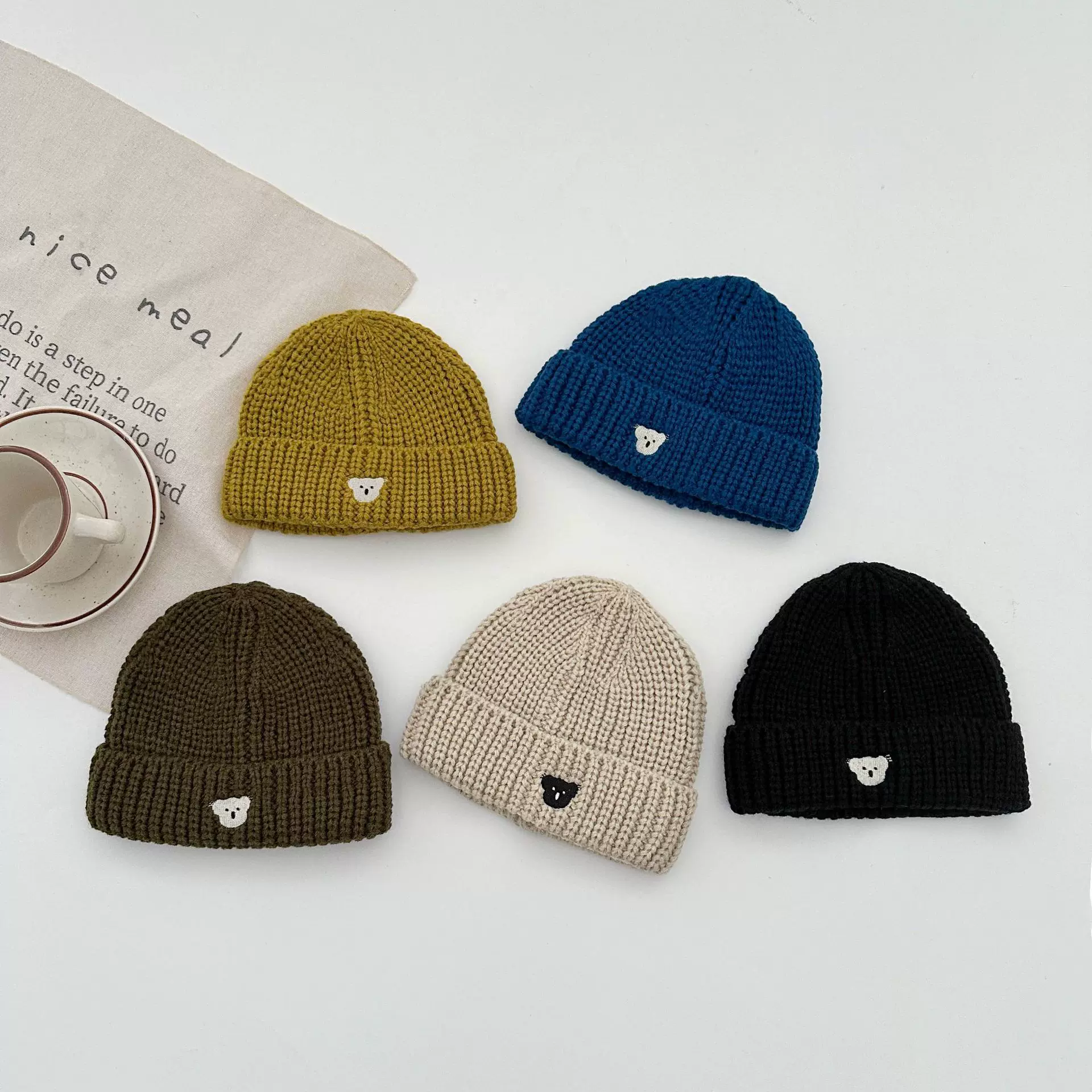 儿童秋冬保暖针织帽韩国同款男女宝宝洋气刺绣小熊套头帽毛线帽潮