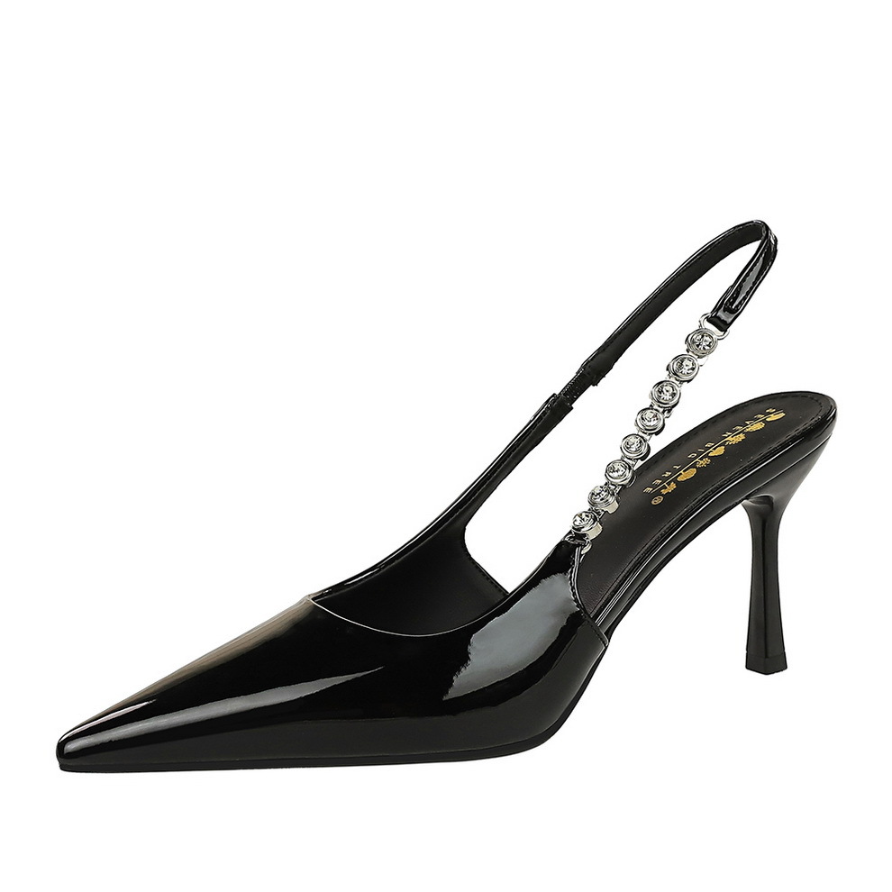 7317-A8 European And American Style Sexy Pointed Toe Rhinestone Chain Backless Patent Leather Women's Shallow Mouth_vogvips.com
