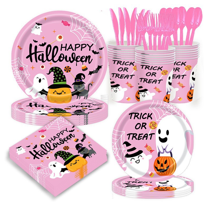 ピンクのハロウィーンパーティーのテーブルクロスはカボチャの蜘蛛の巣の装飾の子供の使い捨てのpeのプラスチックのテーブルクロスの用品をいじります。|undefined