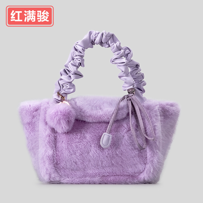 洋气时尚简约毛毛包软乎乎云朵斜挎包猪大肠褶皱肩带毛绒手提包女|undefined