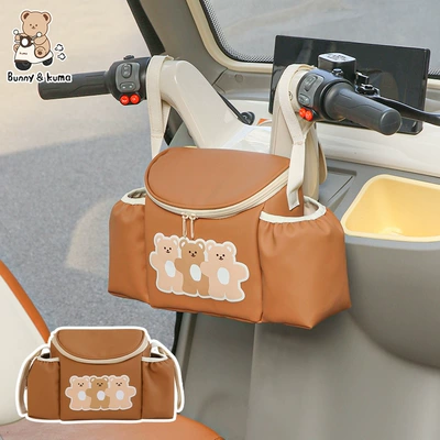 New Electric Vehicle Hanging Storage Bag for Tricycles and Baby Strollers, Large Capacity Front Storage Pouch, Phone Holder (Electric car tail box) - brown-1-pack-default-item