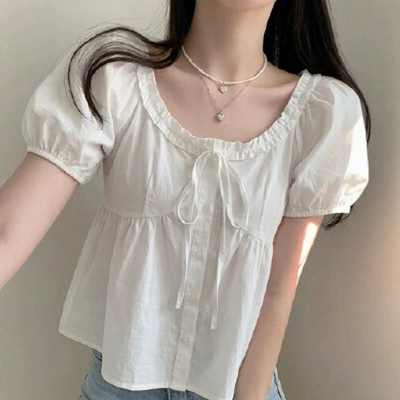 Sweet and Cute White Round-Neck Ruffled Short-Sleeve Shirt for Women, 2026 Summer Design, Loose Fit, Slimming Top
