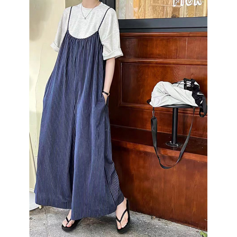 Vintage Blue Striped Suspender Pants 2025 Summer Korean Style Loose Slimming Casual Wide-leg Suspenders