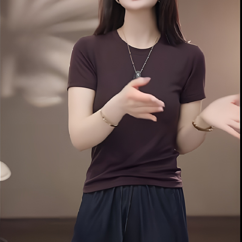 2026夏季新款莱赛尔正肩圆领短袖天丝面膜T恤女高级气质显瘦上衣