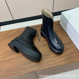 欧美风短靴女刘雯同款短靴厚底真皮单靴圆头增高法式前拉链马丁靴