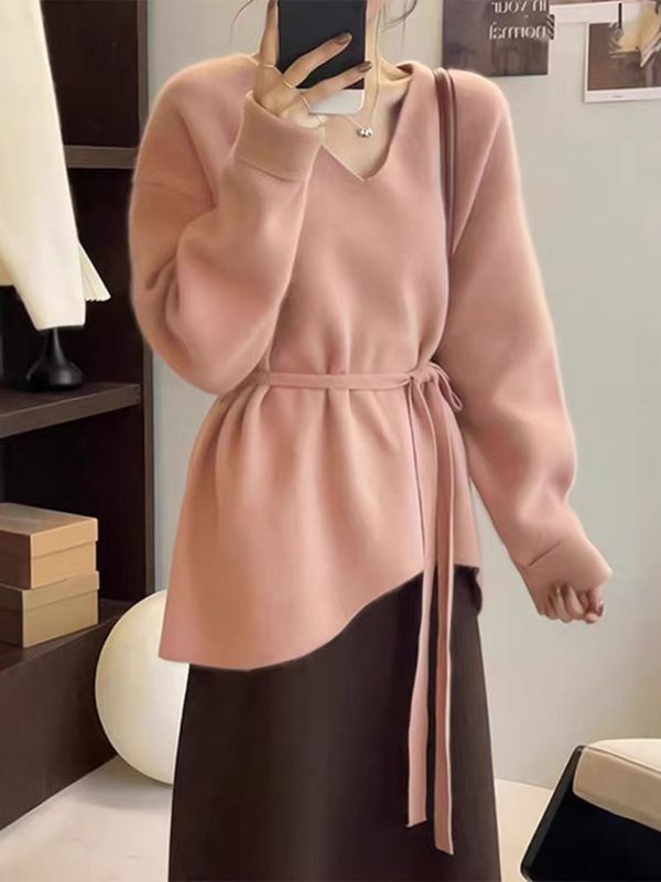 中长款毛衣女秋冬温柔系穿搭V领不规则绑带收腰针织衫新年上衣|undefined
