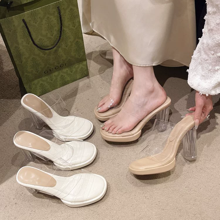 Летняя верхняя одежда, женские туфли на высоком каблуке с кристаллами, новинка 2024, непромокаемые босоножки на толстом каблуке с прозрачным ремешком на платформе, оптовая продажа