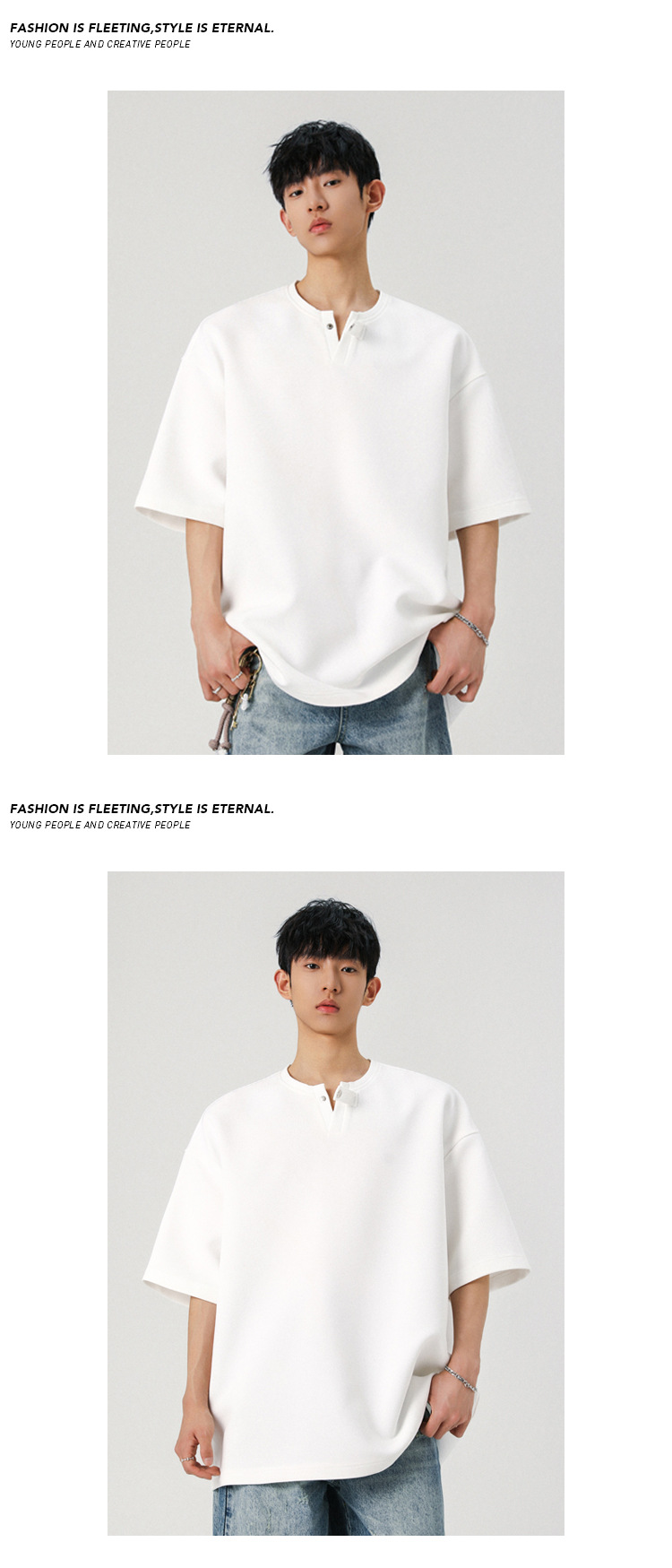 Loose Fit Men's T-shirt High Street Style Solid Colour Summer_voghion.com