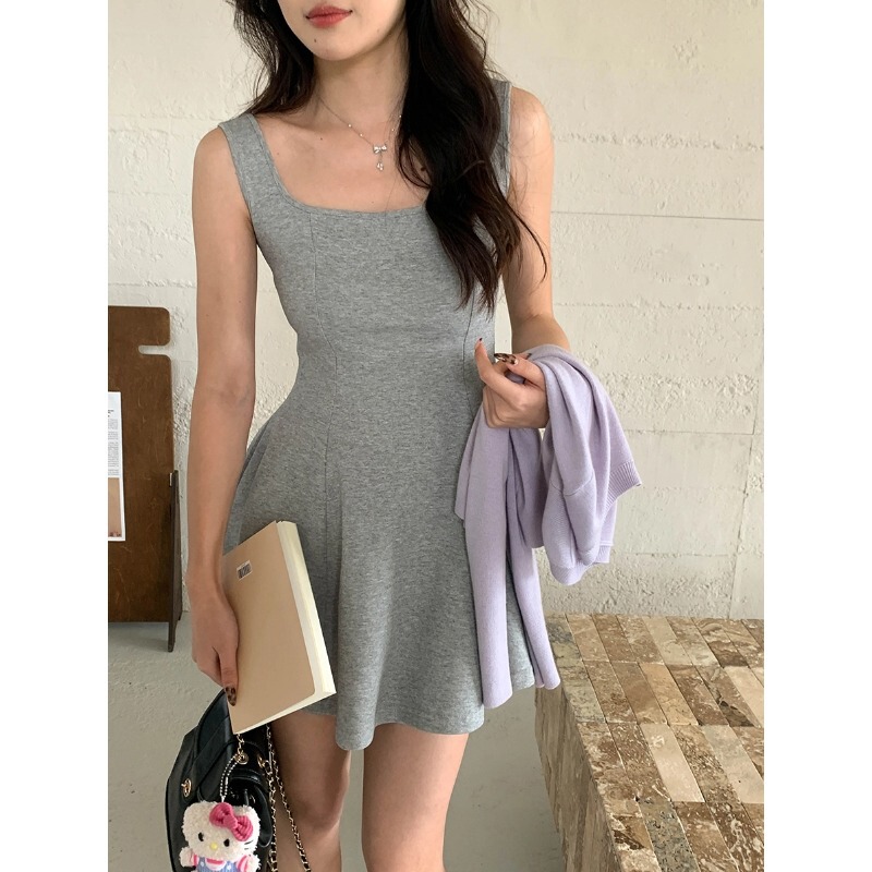 3th Morning Dating Day French Square Neck Temperament Tight Waist Slimming Sling dress ZY2675