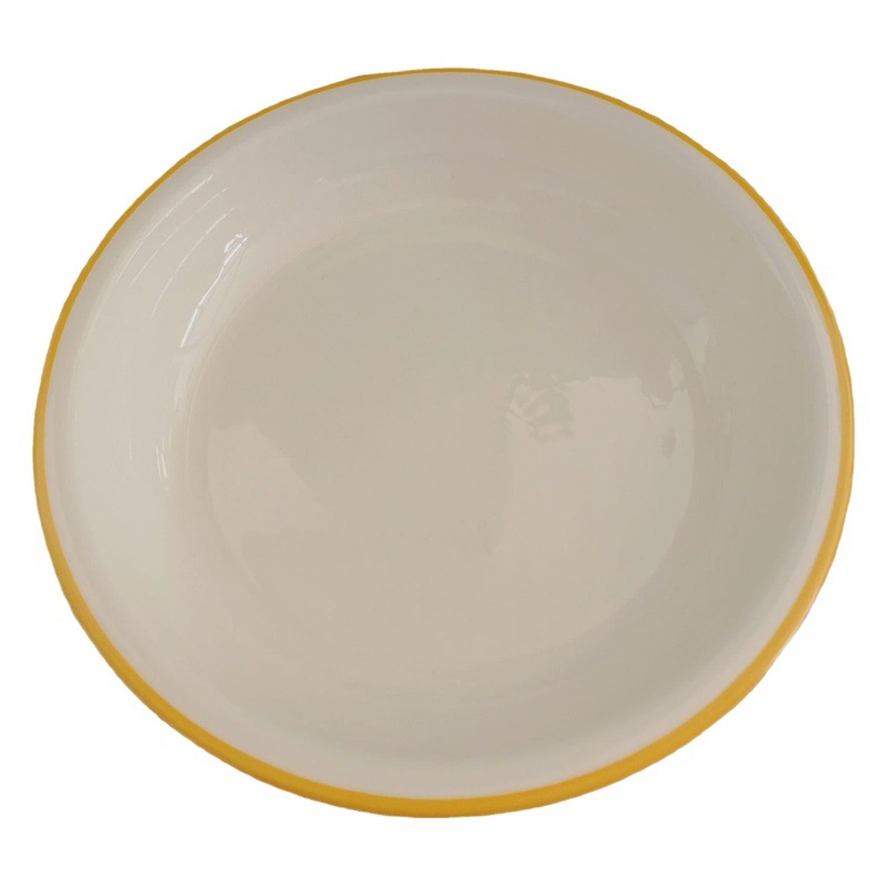 Nueva llegada creativa borde amarillo esmalte de azúcar porcelana plato de tazón hogar leche plato de arroz amarillo plato de ensalada plato de arroz plato de tazón creativo