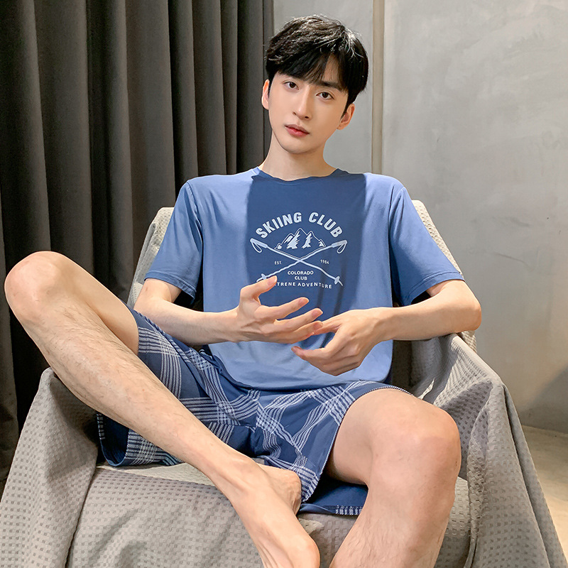 Verano de los nuevos hombres de manga corta modal pijamas casuales simples pantalones cortos a cuadros traje de ropa para el hogar en el extranjero al por mayor